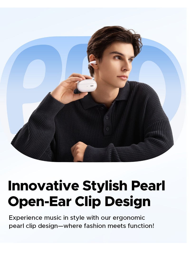 PearlClip Pro Open-Ear Earbuds, Bluetooth 5.4 Clip On Headphones, IPX5 Waterproof, Wireless Earbuds with 24 Hours Playtime, APP Control for Running/Cycling/Fitness white