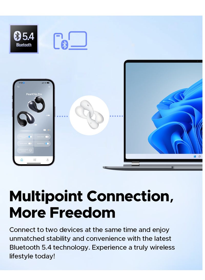 PearlClip Pro Open-Ear Earbuds, Bluetooth 5.4 Clip On Headphones, IPX5 Waterproof, Wireless Earbuds with 24 Hours Playtime, APP Control for Running/Cycling/Fitness white