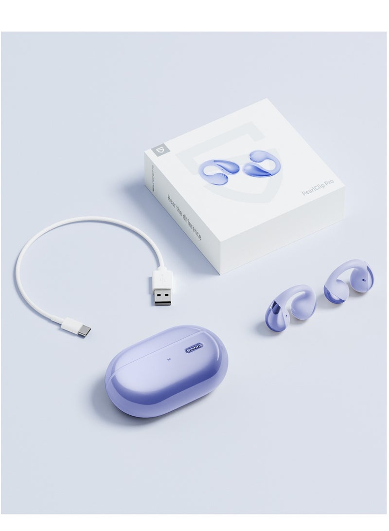 PearlClip Pro Open-Ear Earbuds, Bluetooth 5.4 Clip On Headphones, IPX5 Waterproof, Wireless Earbuds with 24 Hours Playtime, APP Control for Running/Cycling/Fitness purple