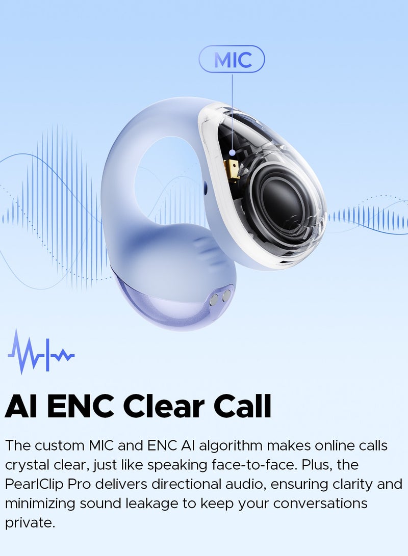 PearlClip Pro Open-Ear Earbuds, Bluetooth 5.4 Clip On Headphones, IPX5 Waterproof, Wireless Earbuds with 24 Hours Playtime, APP Control for Running/Cycling/Fitness purple