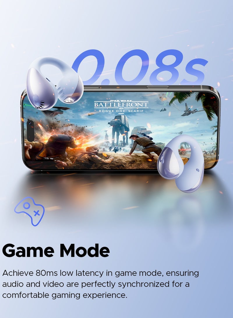 PearlClip Pro Open-Ear Earbuds, Bluetooth 5.4 Clip On Headphones, IPX5 Waterproof, Wireless Earbuds with 24 Hours Playtime, APP Control for Running/Cycling/Fitness purple