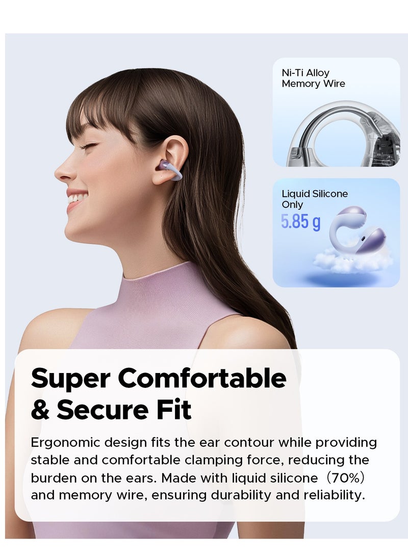 PearlClip Pro Open-Ear Earbuds, Bluetooth 5.4 Clip On Headphones, IPX5 Waterproof, Wireless Earbuds with 24 Hours Playtime, APP Control for Running/Cycling/Fitness purple