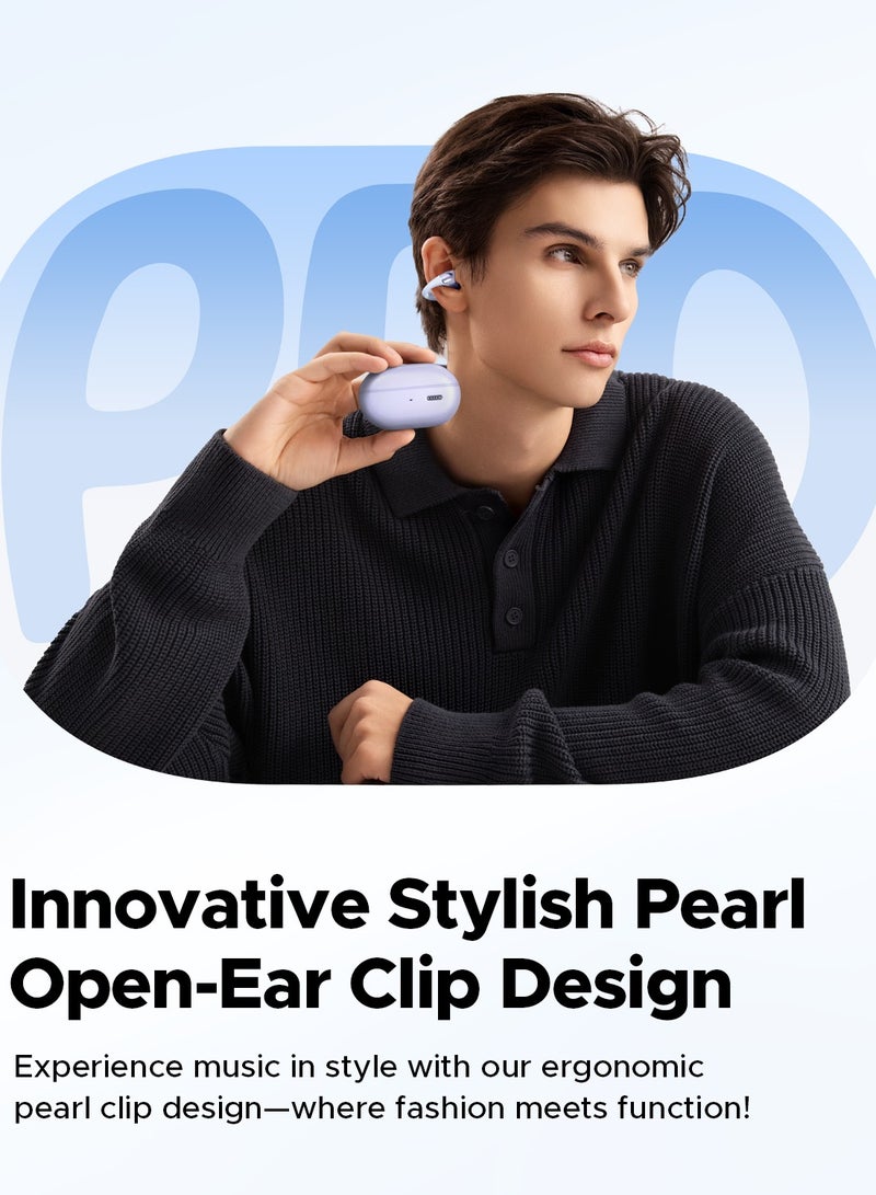 PearlClip Pro Open-Ear Earbuds, Bluetooth 5.4 Clip On Headphones, IPX5 Waterproof, Wireless Earbuds with 24 Hours Playtime, APP Control for Running/Cycling/Fitness purple