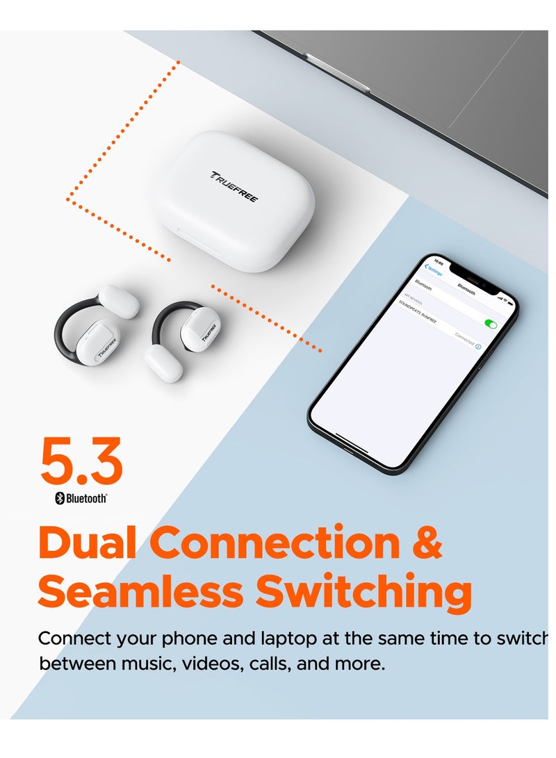 Truefree Open Ear Bluetooth 5.3 Headphones, Wireless Sports Headphones, ENC Noise Cancelling, 3D Stereo Sound via 16.2 mm Driver, 45 Hours of Playback, 4 mics Black) white