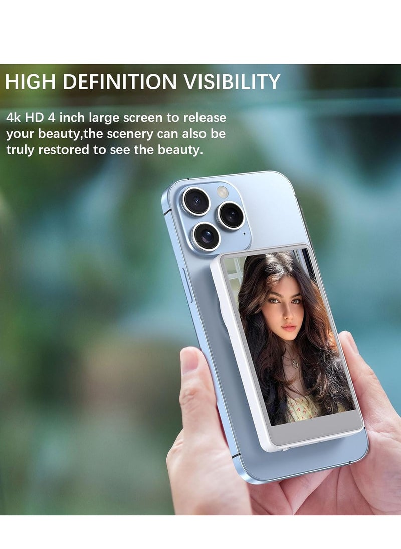 Vlog Selfie Monitor Screen for Smartphones – 4-Inch Wireless Rear Camera Display with Magnetic Mount & Remote Control – Ideal for Live Streaming, Vlogging, Selfies – Compatible with iPhone and Android – Compact & Portable (White)