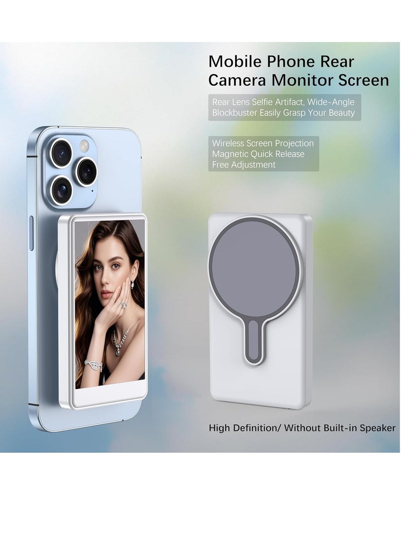 Vlog Selfie Monitor Screen for Smartphones – 4-Inch Wireless Display with Real-Time Rear Camera Sync, Magnetic Mount, Bluetooth Connection & Remote Control – Ideal for Vlogging, Selfies, Live Streaming – Compatible with iPhone & Android – White