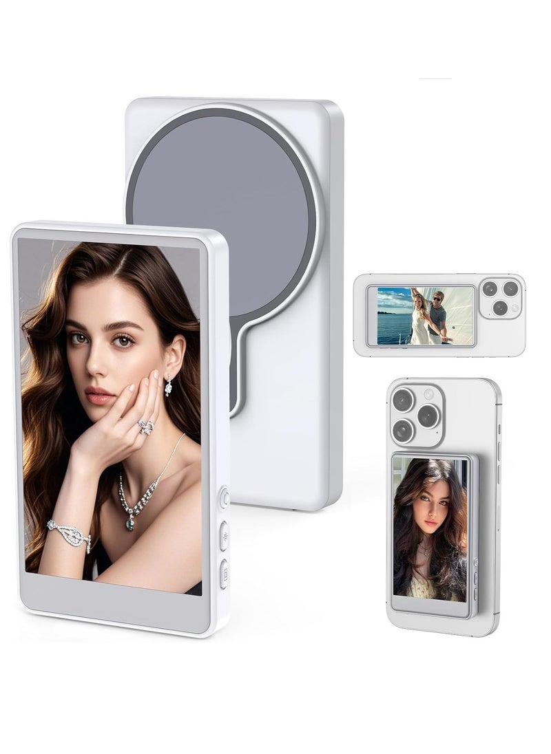 Vlog Selfie Monitor Screen for Smartphones – 4-Inch Wireless Display with Real-Time Rear Camera Sync, Magnetic Mount, Bluetooth Connection & Remote Control – Ideal for Vlogging, Selfies, Live Streaming – Compatible with iPhone & Android – White