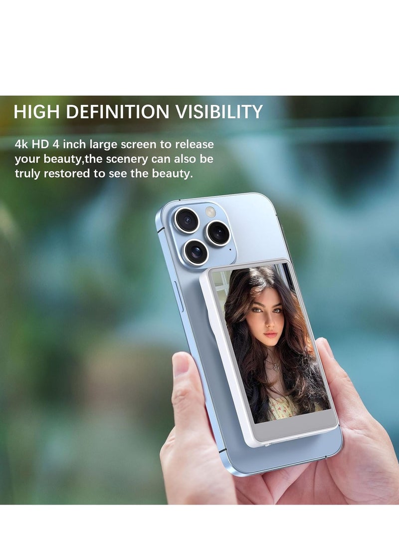 Vlog Selfie Monitor Screen for Smartphones – 4-Inch Wireless Display with Real-Time Rear Camera Sync, Magnetic Mount, Bluetooth Connection & Remote Control – Ideal for Vlogging, Selfies, Live Streaming – Compatible with iPhone & Android – White