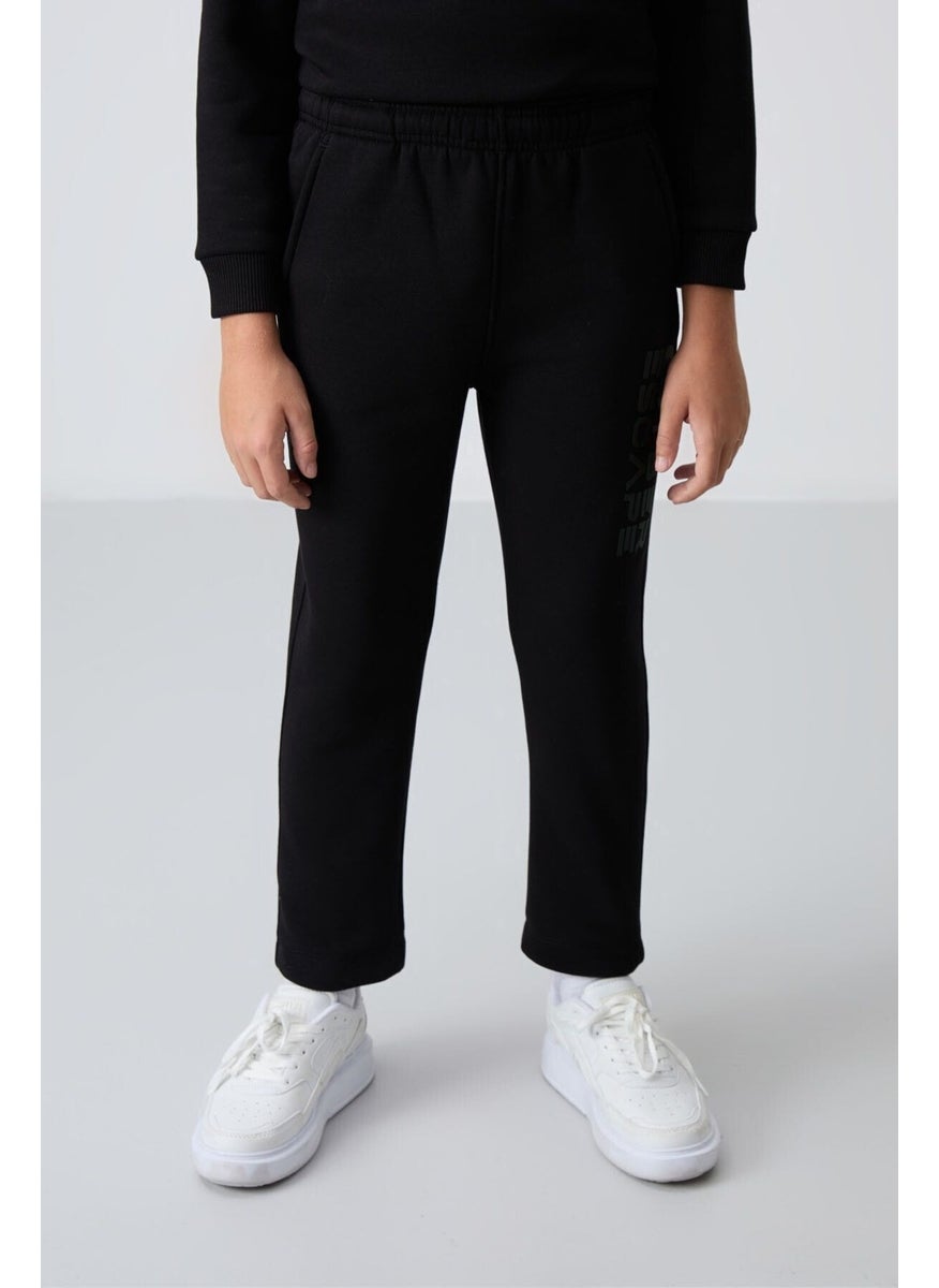 Black Cotton Thick Fluffy Soft Textured Standard Fit Printed Boy's Tracksuit - 11233