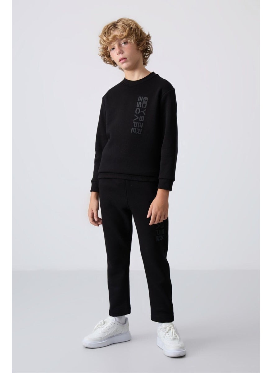 Black Cotton Thick Fluffy Soft Textured Standard Fit Printed Boy's Tracksuit - 11233