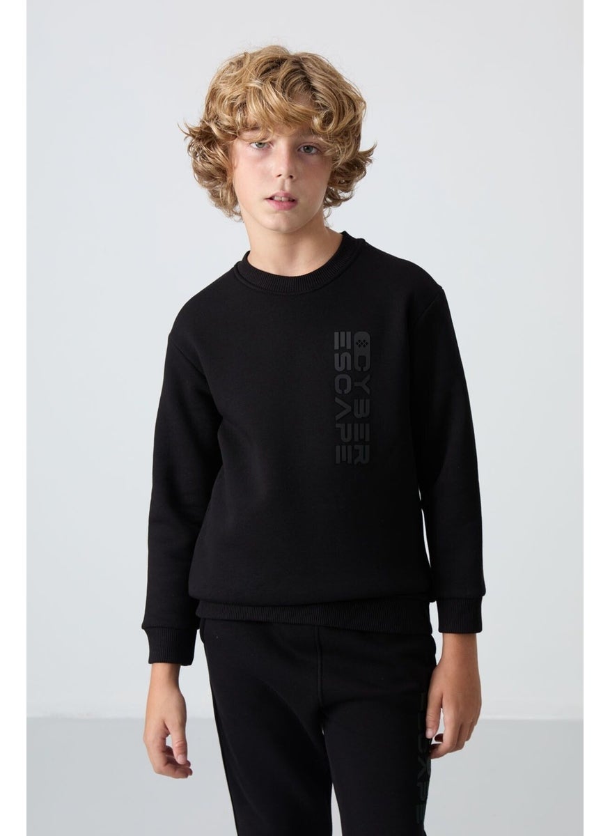 Black Cotton Thick Fluffy Soft Textured Standard Fit Printed Boy's Tracksuit - 11233