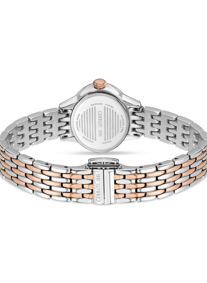 Women's Nemi Analog Watch - Engraved Bezel Crystals, White Mother of Pearl Dial