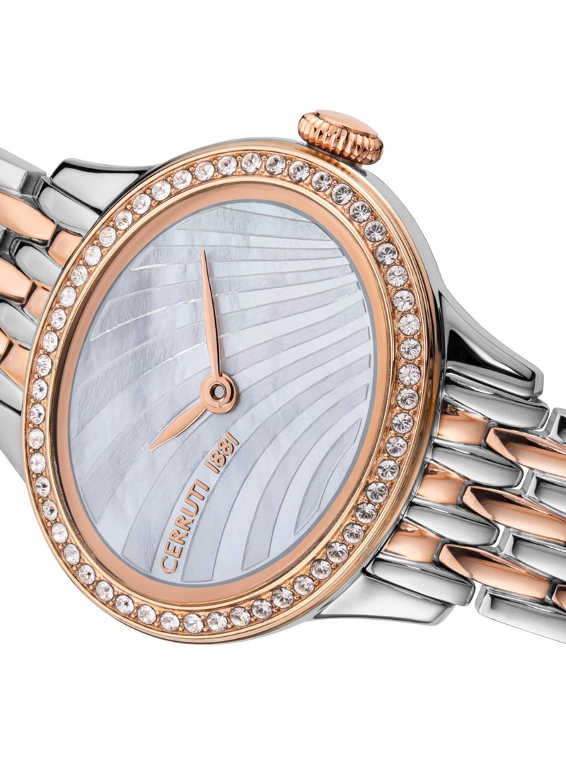 Women's Nemi Analog Watch - Engraved Bezel Crystals, White Mother of Pearl Dial