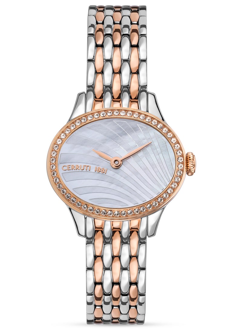 Women's Nemi Analog Watch - Engraved Bezel Crystals, White Mother of Pearl Dial