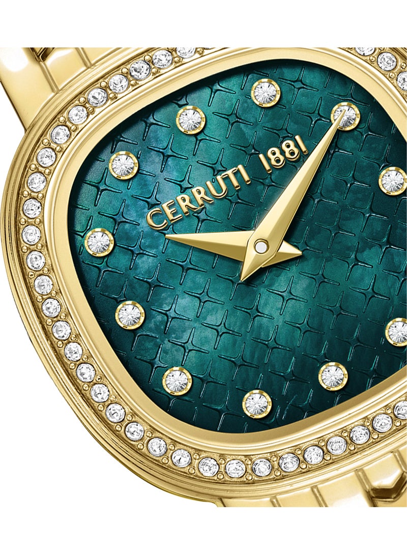Women's Gresta Analog Watch - Green Smoke Mother of Pearl Dial, Crystal Indexes, Gold Plated Bracelet
