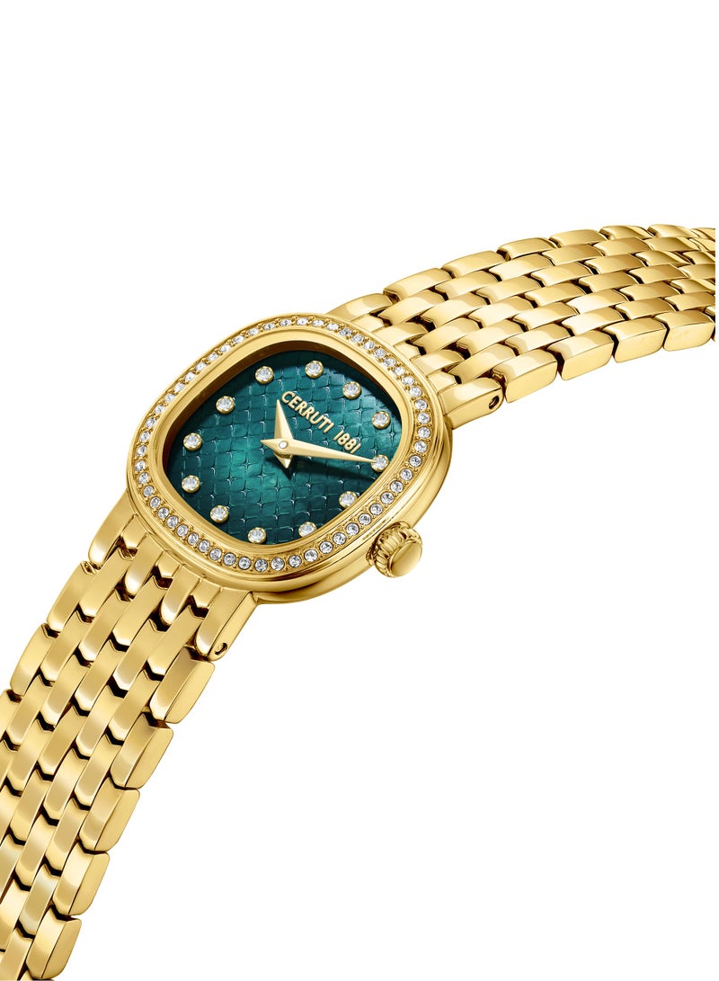 Women's Gresta Analog Watch - Green Smoke Mother of Pearl Dial, Crystal Indexes, Gold Plated Bracelet