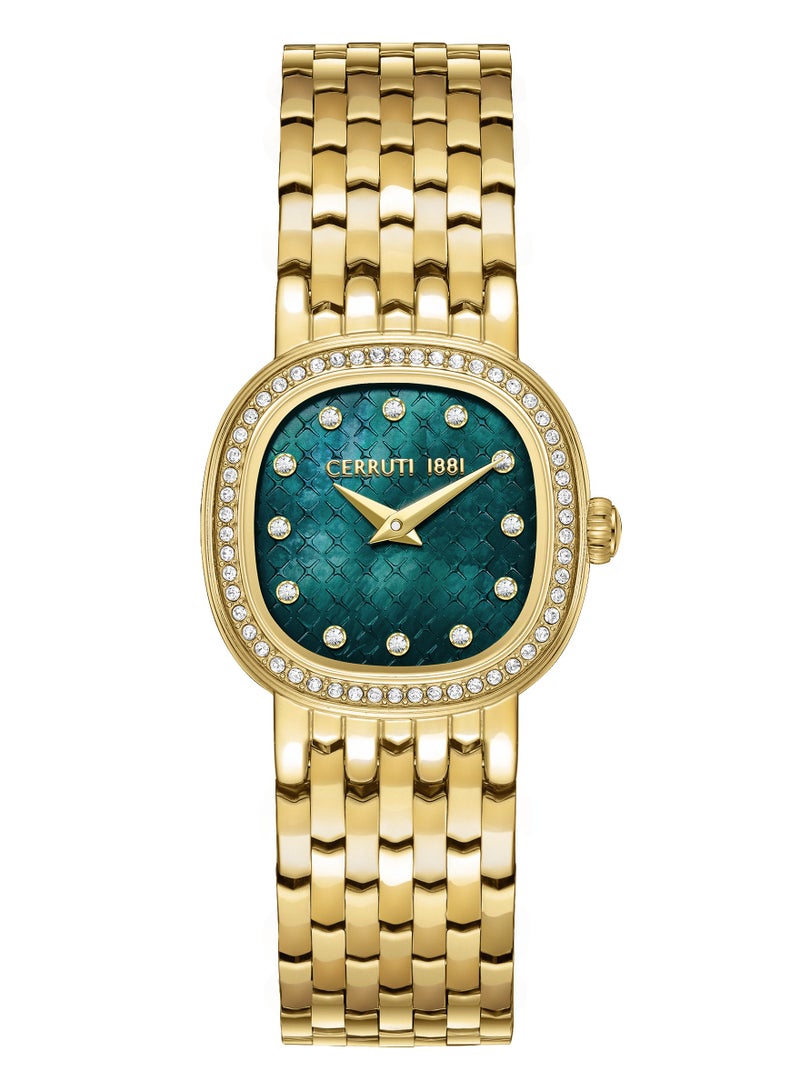 Women's Gresta Analog Watch - Green Smoke Mother of Pearl Dial, Crystal Indexes, Gold Plated Bracelet