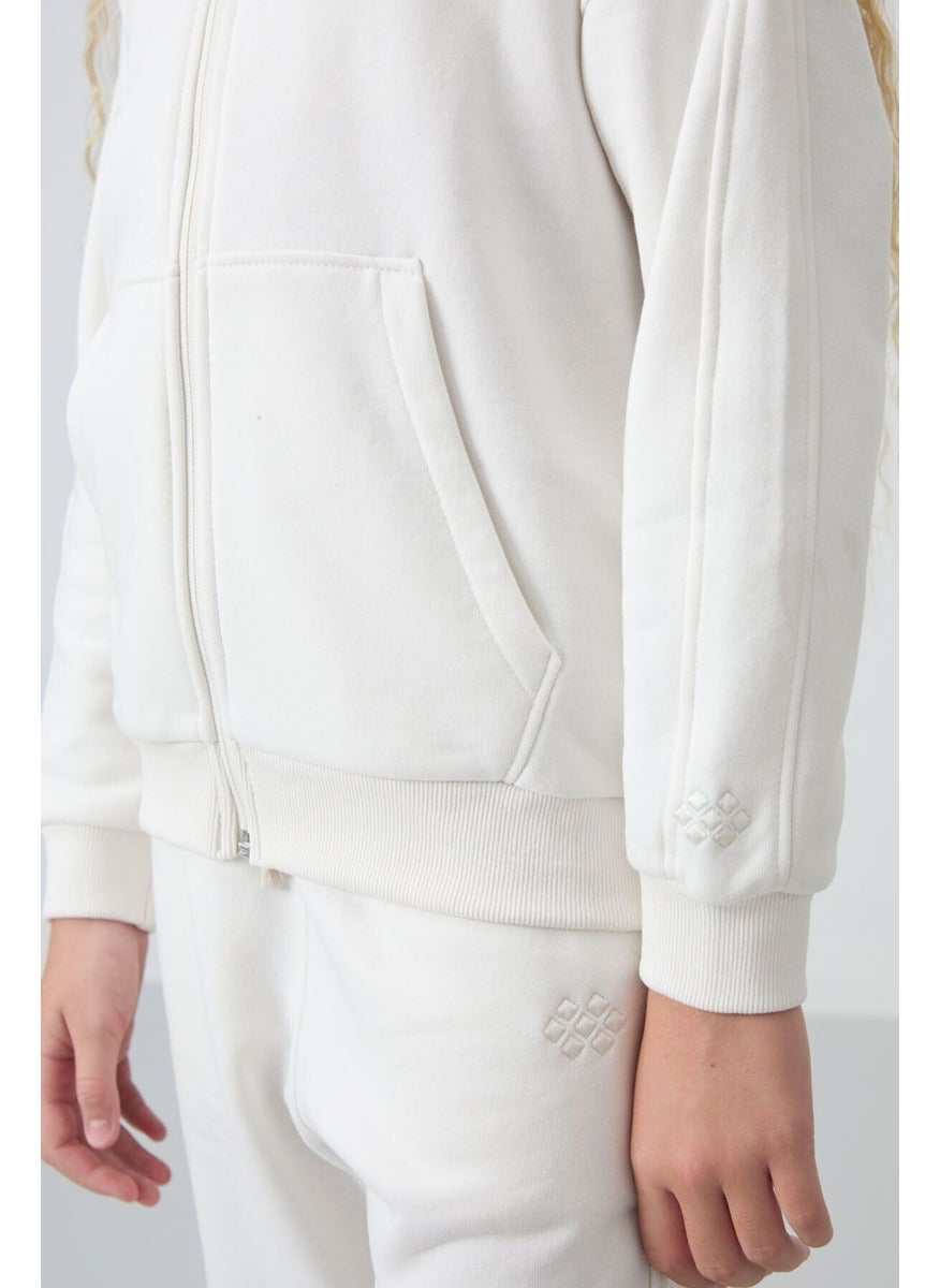 Ecru Cotton Fluffy Soft Texture Standard Fit Embroidered Girls Tracksuit - 75148