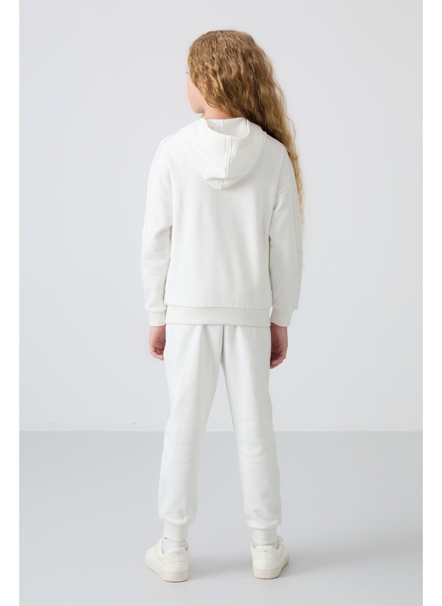 Ecru Cotton Fluffy Soft Texture Standard Fit Embroidered Girls Tracksuit - 75148