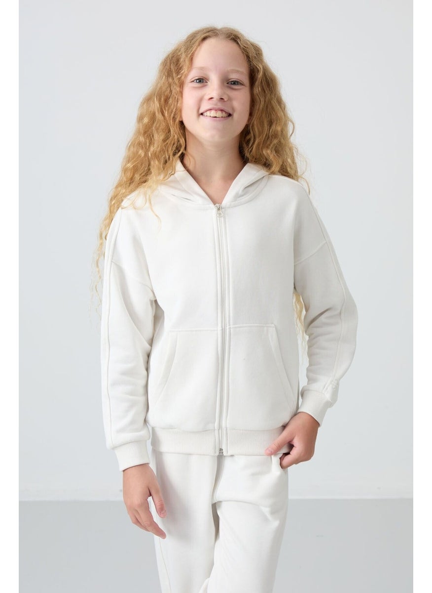 Ecru Cotton Fluffy Soft Texture Standard Fit Embroidered Girls Tracksuit - 75148