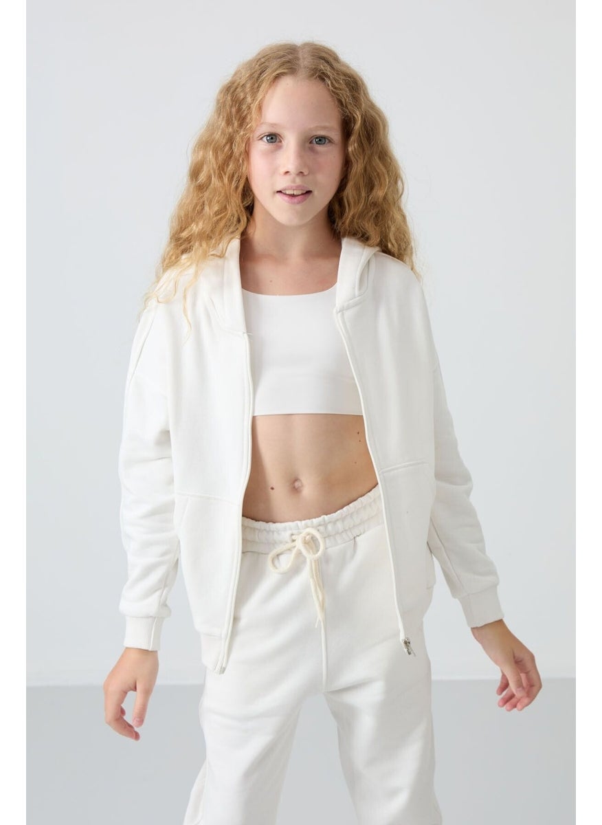 Ecru Cotton Fluffy Soft Texture Standard Fit Embroidered Girls Tracksuit - 75148