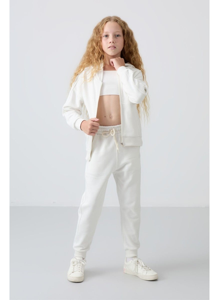 Ecru Cotton Fluffy Soft Texture Standard Fit Embroidered Girls Tracksuit - 75148
