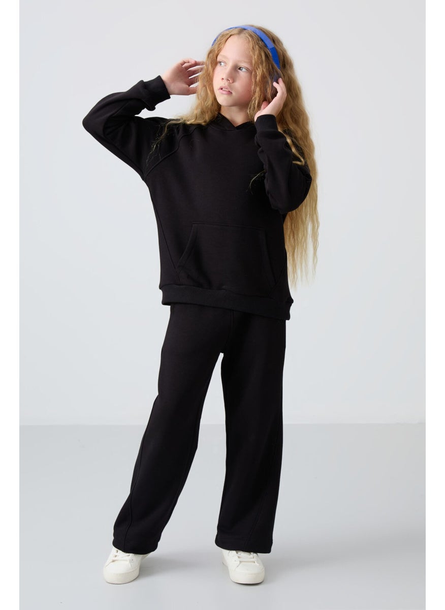 Black Cotton Fluffy Soft Texture Standard Fit Embroidered Girls Tracksuit - 75162