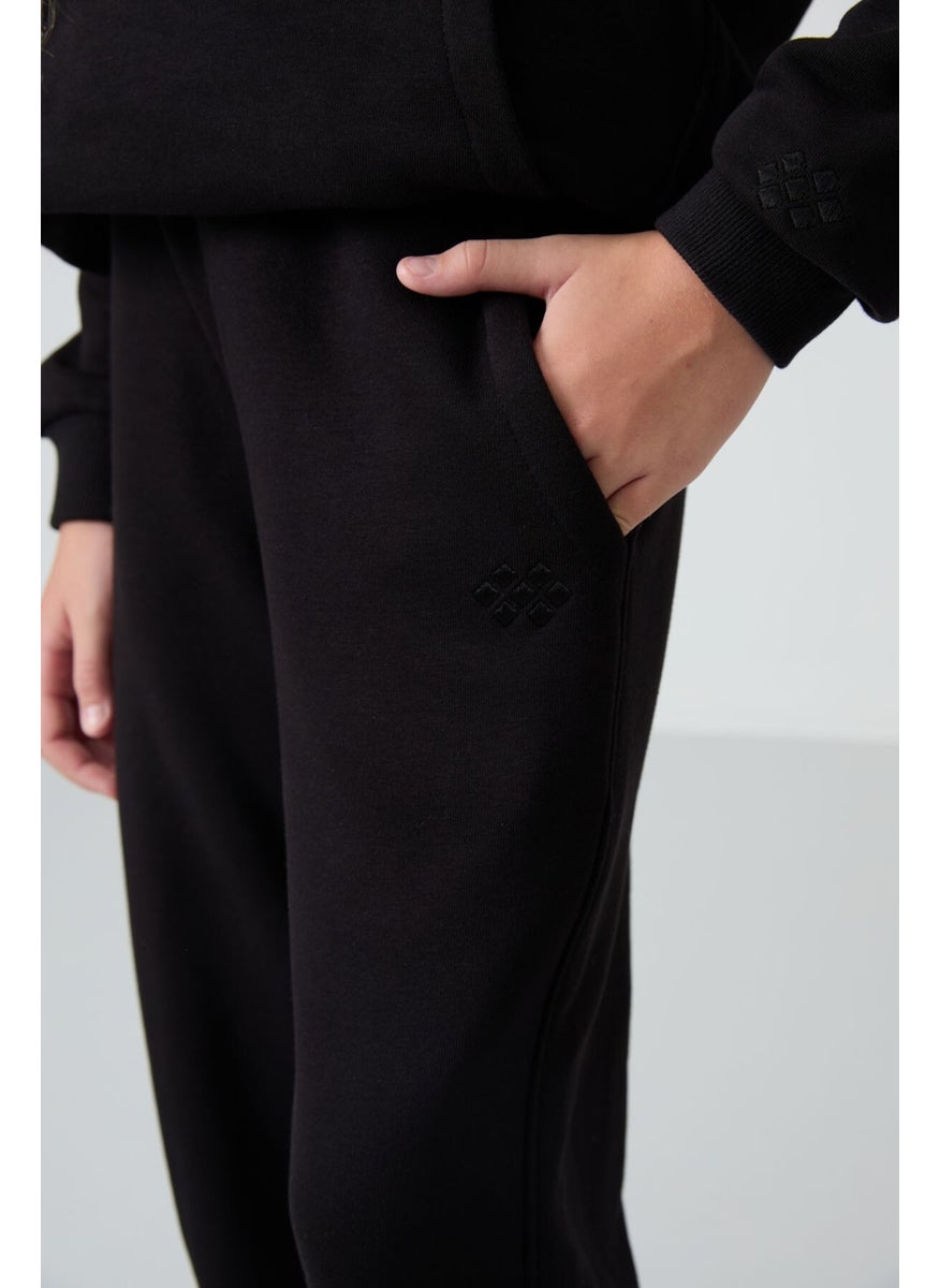 Black Cotton Fluffy Soft Texture Standard Fit Embroidered Girls Tracksuit - 75162