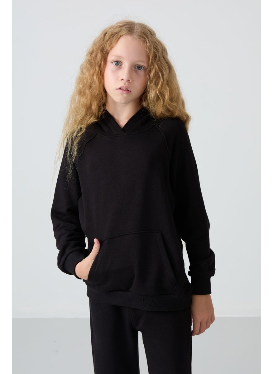 Black Cotton Fluffy Soft Texture Standard Fit Embroidered Girls Tracksuit - 75162