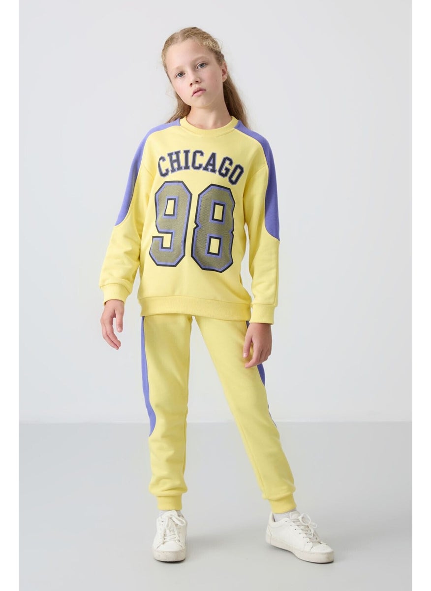 Yellow Cotton Fluffy Soft Texture Standard Fit Printed Girls Tracksuit - 75170