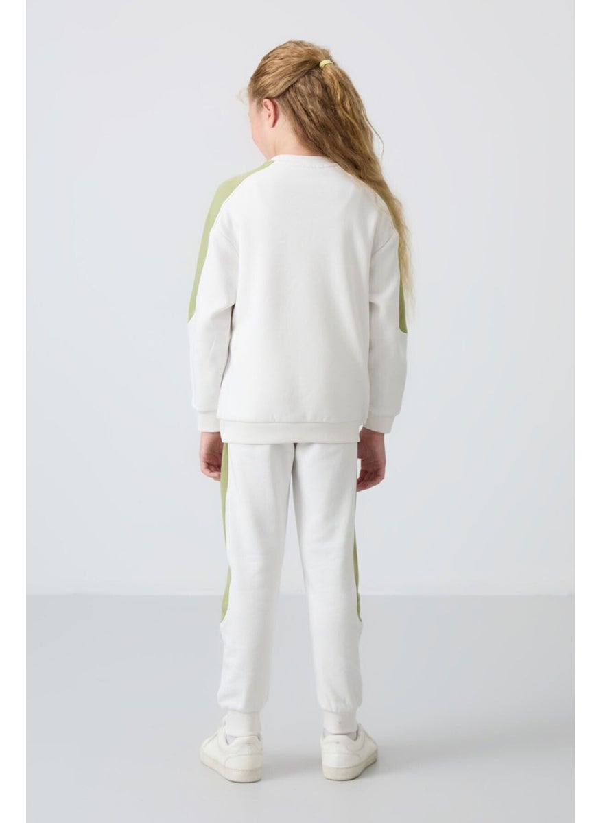 Ecru Cotton Fluffy Soft Textured Standard Fit Printed Girls Tracksuit - 75170