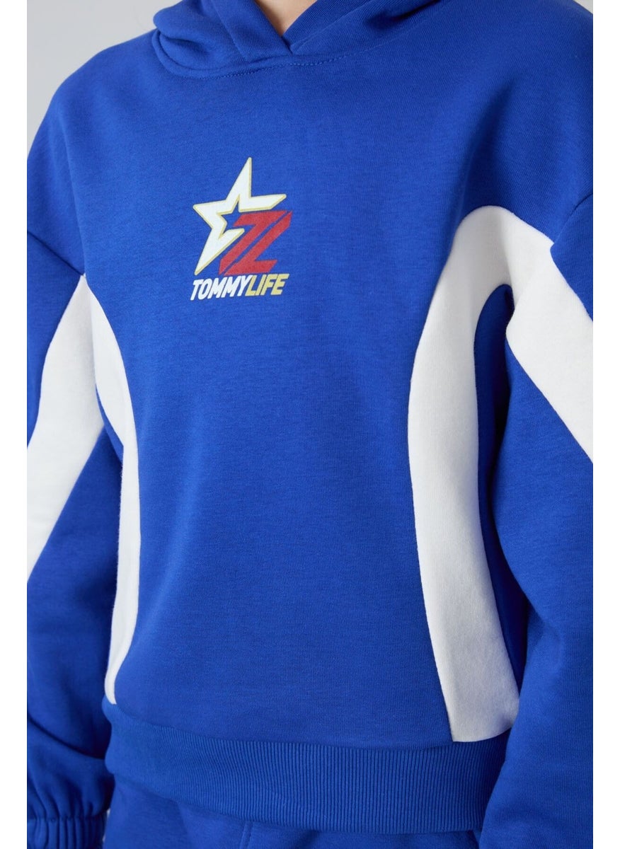 Night Blue Cotton Fluffy Soft Textured Standard Fit Printed Girls Tracksuit - 75166