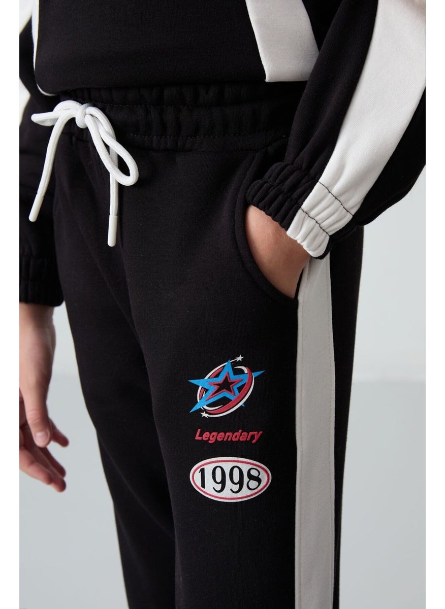 Black Cotton Fluffy Soft Textured Standard Fit Printed Girls Tracksuit - 75166