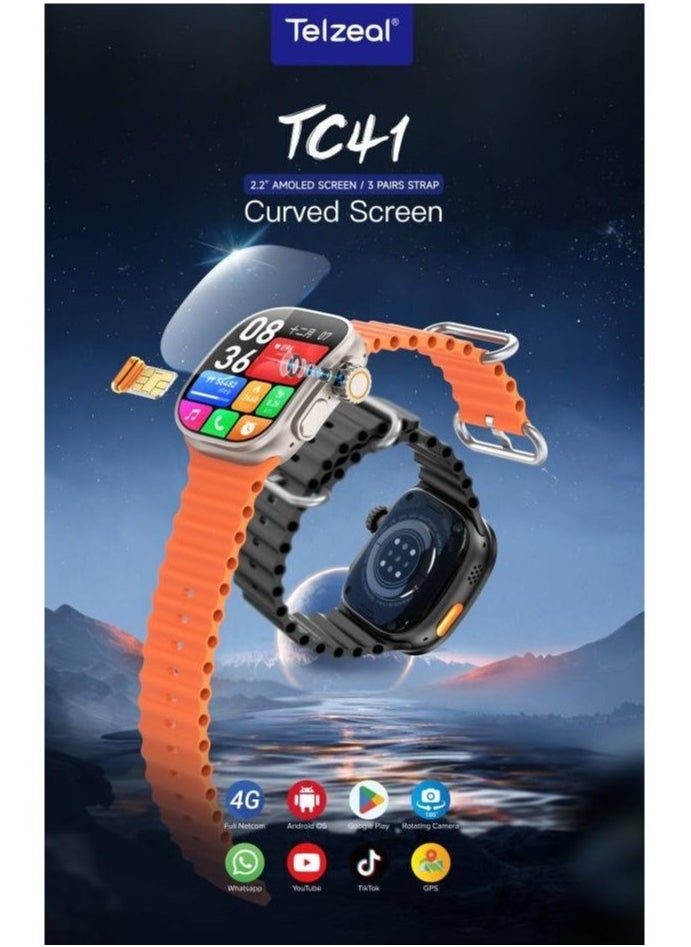 Smart Watch TC41 4G SIM Curved Screen – 4G LTE, Touchscreen Smartwatch with HD Display, Fitness Tracker, Heart Rate Monitor, GPS, and Bluetooth Connectivity for Android & iOS