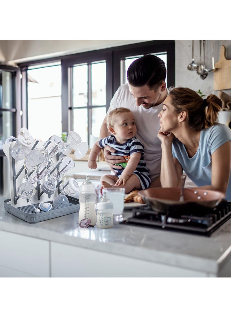 Baby Bottle Dryer Rack with Water Tray, Large Vertical Bottle Holder, Countertop Rack for Toddler Bottles & Storage Box, Space-Saving Stand for Baby Bottles & Pump Parts, Non-Slip Bottom for Kitchen Countertop