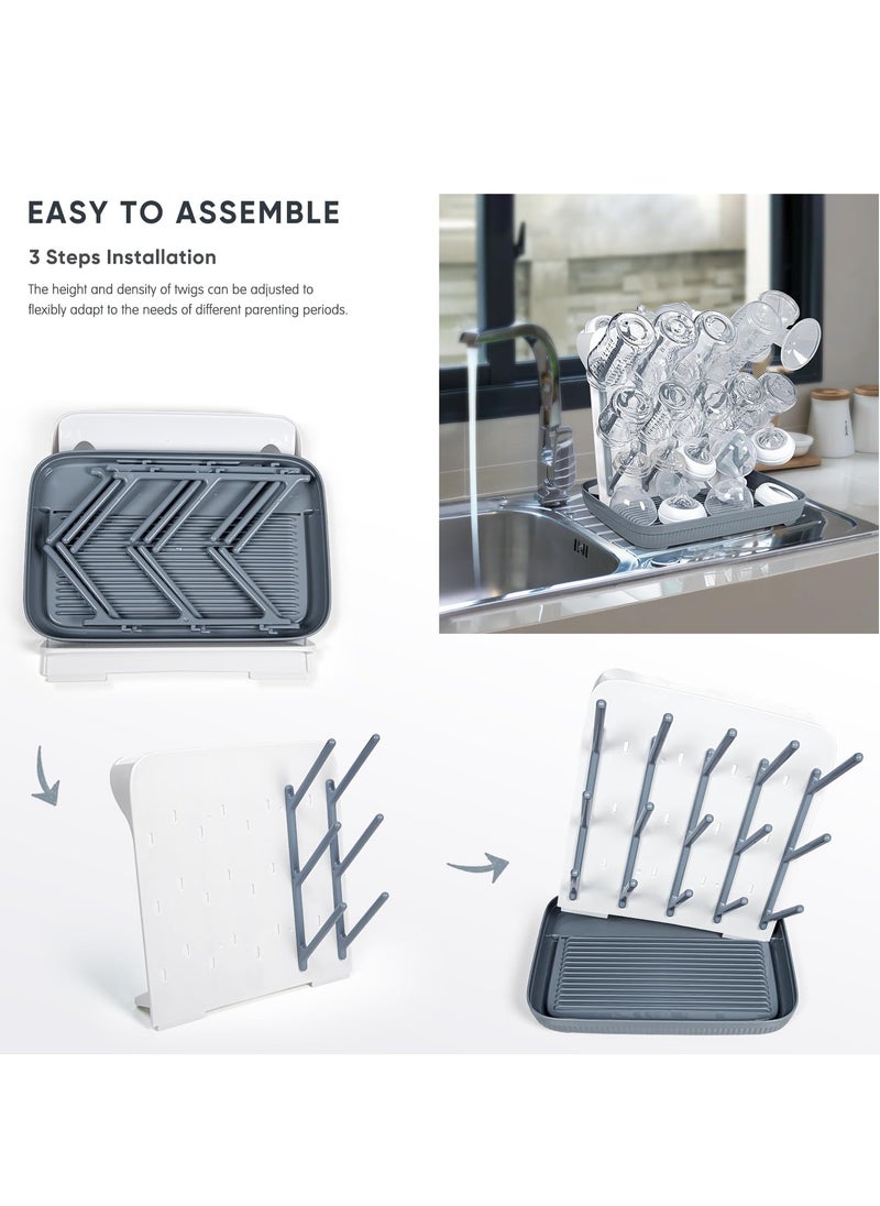 Baby Bottle Dryer Rack with Water Tray, Large Vertical Bottle Holder, Countertop Rack for Toddler Bottles & Storage Box, Space-Saving Stand for Baby Bottles & Pump Parts, Non-Slip Bottom for Kitchen Countertop