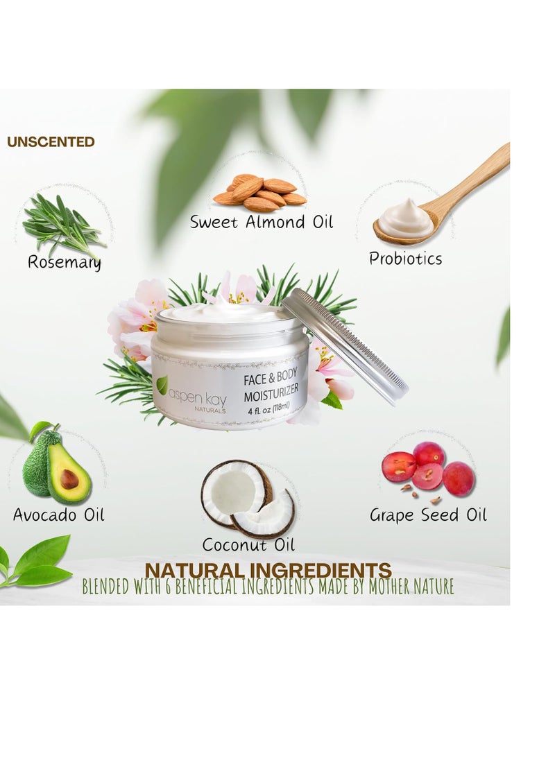 Aspen Kay Naturals Face & Body Moisturizer | Deep Moisturizing Face Cream for Dry Sensitive Skin | Light, Non-Greasy, & Fast Absorbing | Natural Face Moisturizer for Women | Unscented 4 Fl Oz