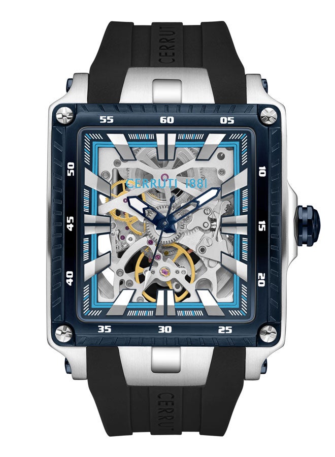 Men's Stainless Steel & Blue Screws Transparent Dial Watch