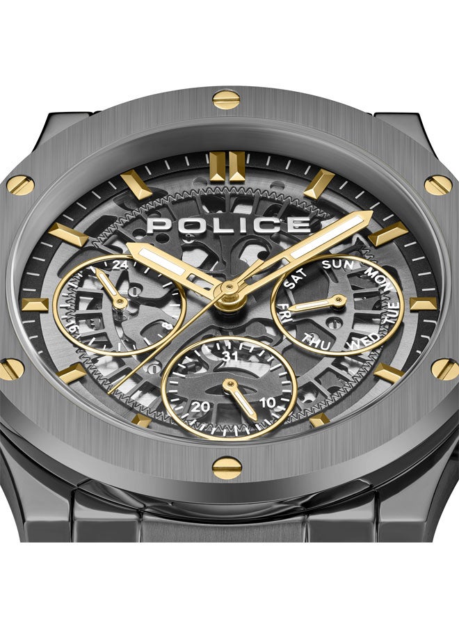 Men's Knotty 42mm Multi-Function Watch with Stainless Steel Bracelet, Ion-Plated Gun Dial & Gold-Plated Indexes
