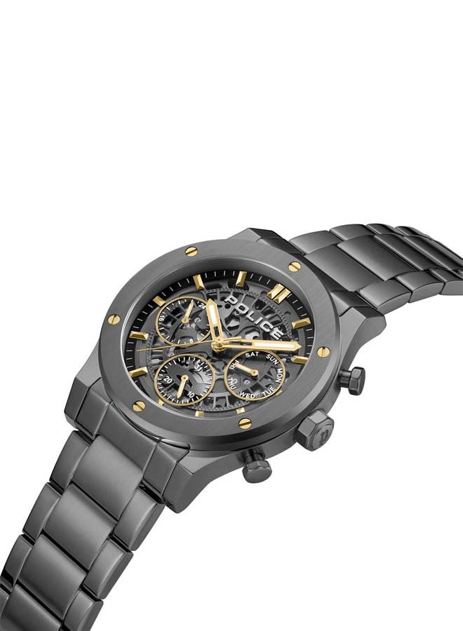 Men's Knotty 42mm Multi-Function Watch with Stainless Steel Bracelet, Ion-Plated Gun Dial & Gold-Plated Indexes