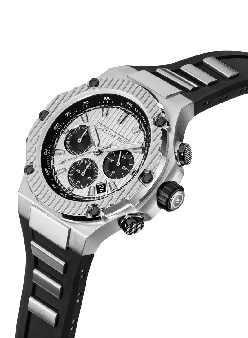 Men's Lucardo Chronograph Watch - Black and White Dial, Black Silicone Strap