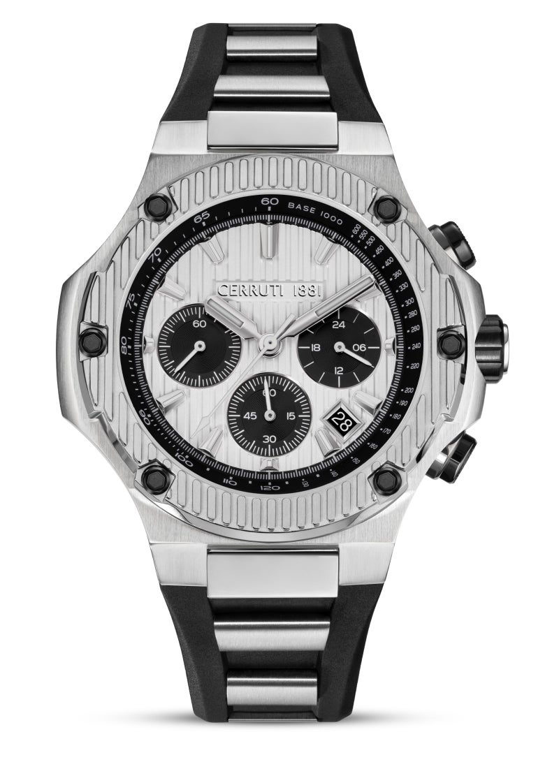 Men's Lucardo Chronograph Watch - Black and White Dial, Black Silicone Strap