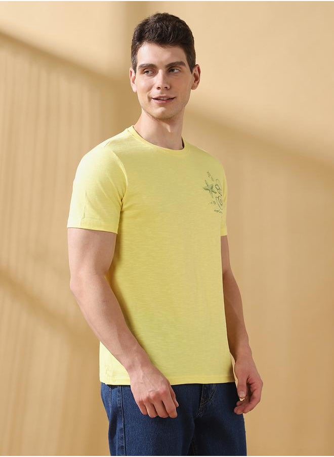 Men's Yellow 100% Cotton Printed Regular Fit T-Shirt