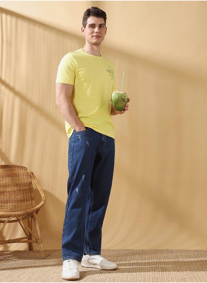 Men's Yellow 100% Cotton Printed Regular Fit T-Shirt