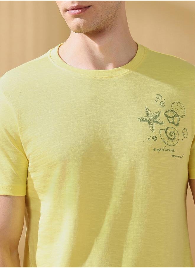 Men's Yellow 100% Cotton Printed Regular Fit T-Shirt