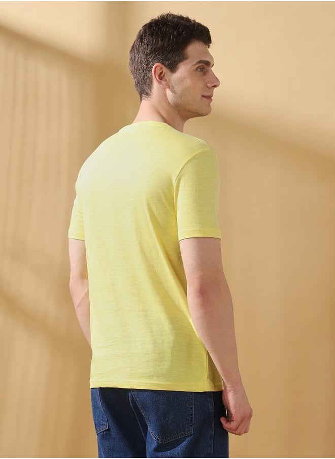 Men's Yellow 100% Cotton Printed Regular Fit T-Shirt