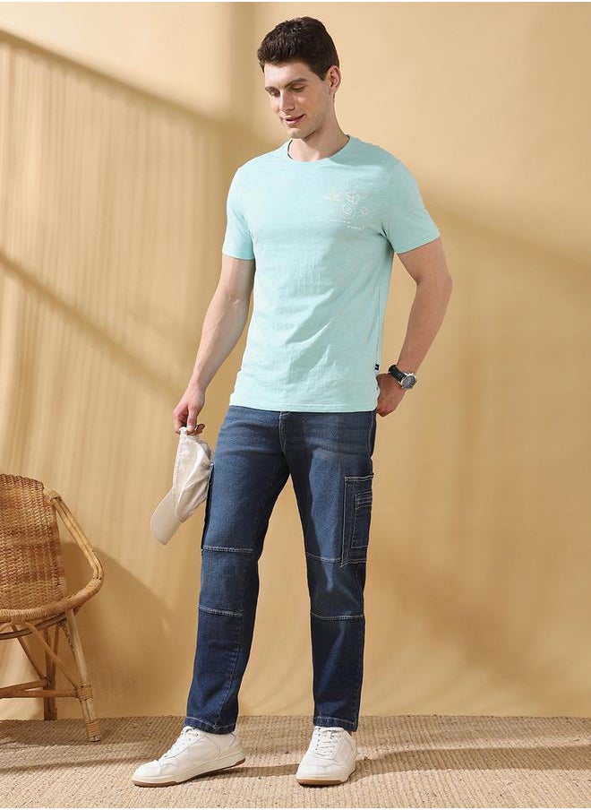 Men's Blue 100% Cotton Printed Regular Fit T-Shirt