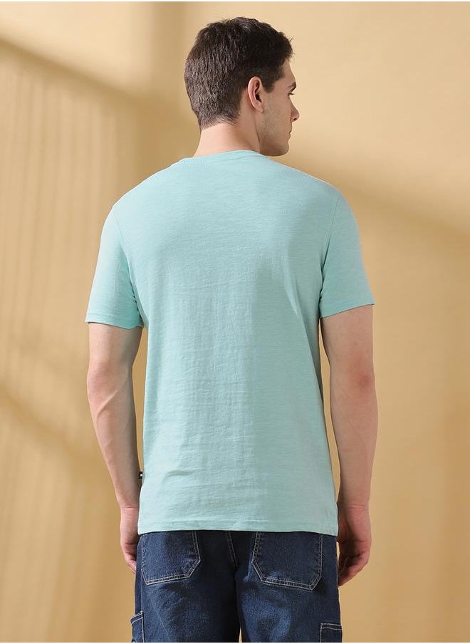 Men's Blue 100% Cotton Printed Regular Fit T-Shirt