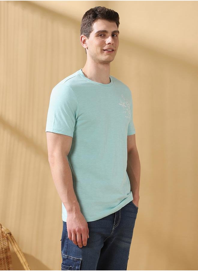 Men's Blue 100% Cotton Printed Regular Fit T-Shirt