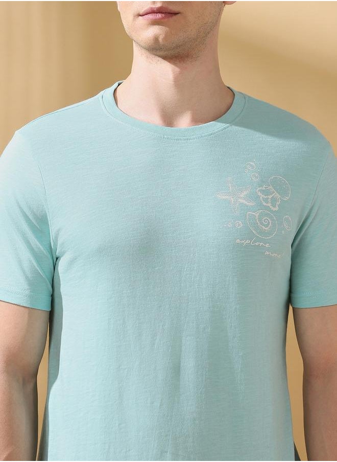 Men's Blue 100% Cotton Printed Regular Fit T-Shirt